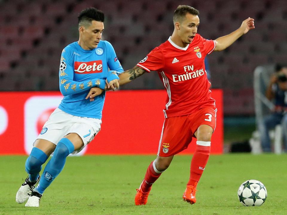 Alex Grimaldo, right, playing for Benfica (Getty Images)