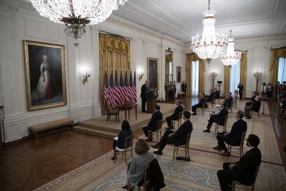 President Donald Trump speaks about protecting seniors, in the East Room of the White House, Thursday, April 30, 2020, in Washington. (AP Photo/Alex Brandon)