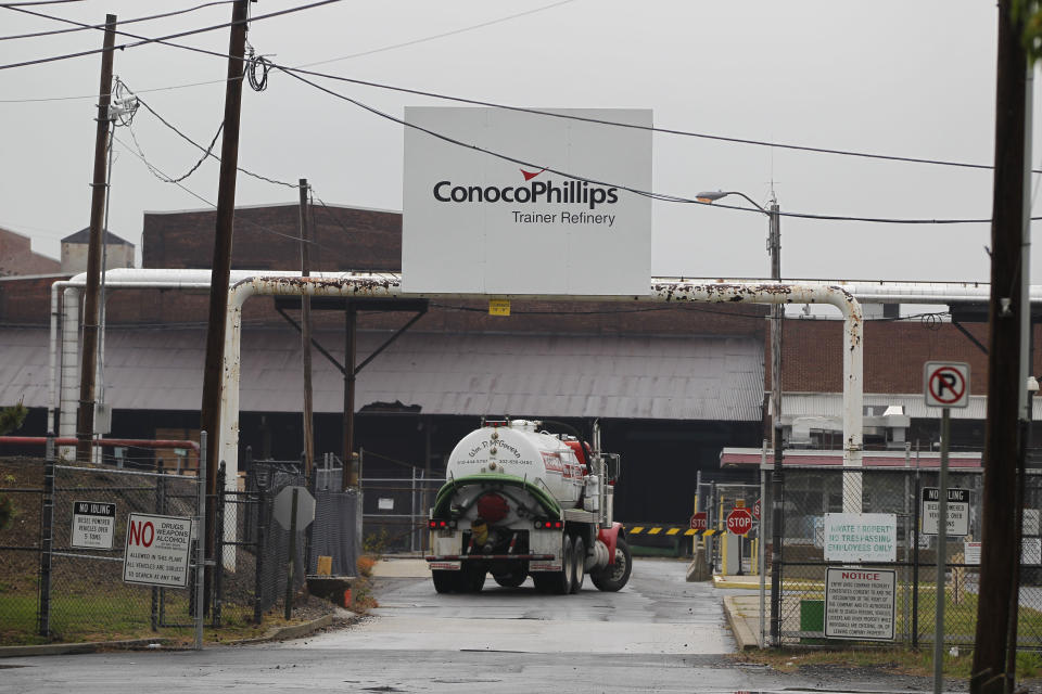 A truck drives into the ConocoPhillips refinery, Tuesday, May 1, 2012, in Trainer, Pa. Delta Air Lines Inc. Monday, said it will buy the refinery as part of an unprecedented deal that it hopes will cut its jet fuel bill. (AP Photo/Matt Rourke)