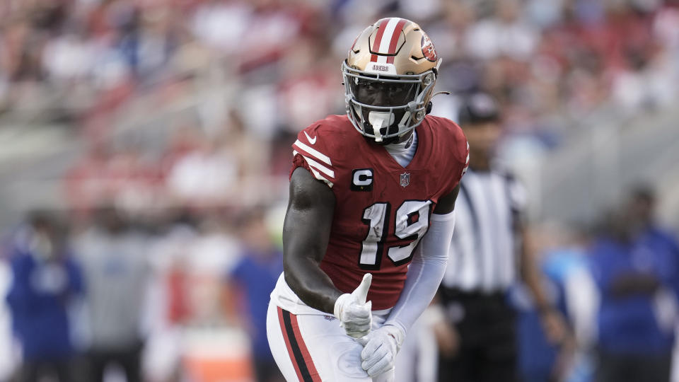 San Francisco 49ers wide receiver Deebo Samuel against the New York Giants during the first half of an NFL football game Thursday, Sept. 21, 2023, in Santa Clara, Calif. (AP Photo/Godofredo A. Vásquez)