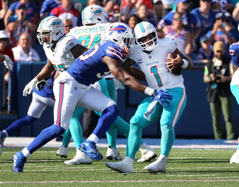 Greg Rousseau recorded one of the four sacks the Bills had against Tua Tagovailoa in Buffalo's 48-20 victory.