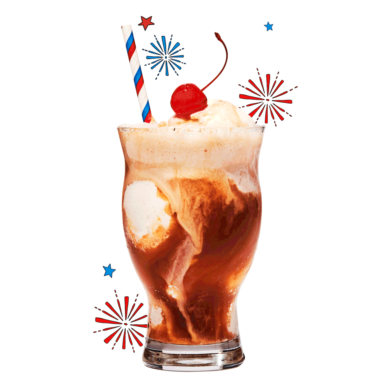 Root beer float with firework and star illustrations bursting in the background