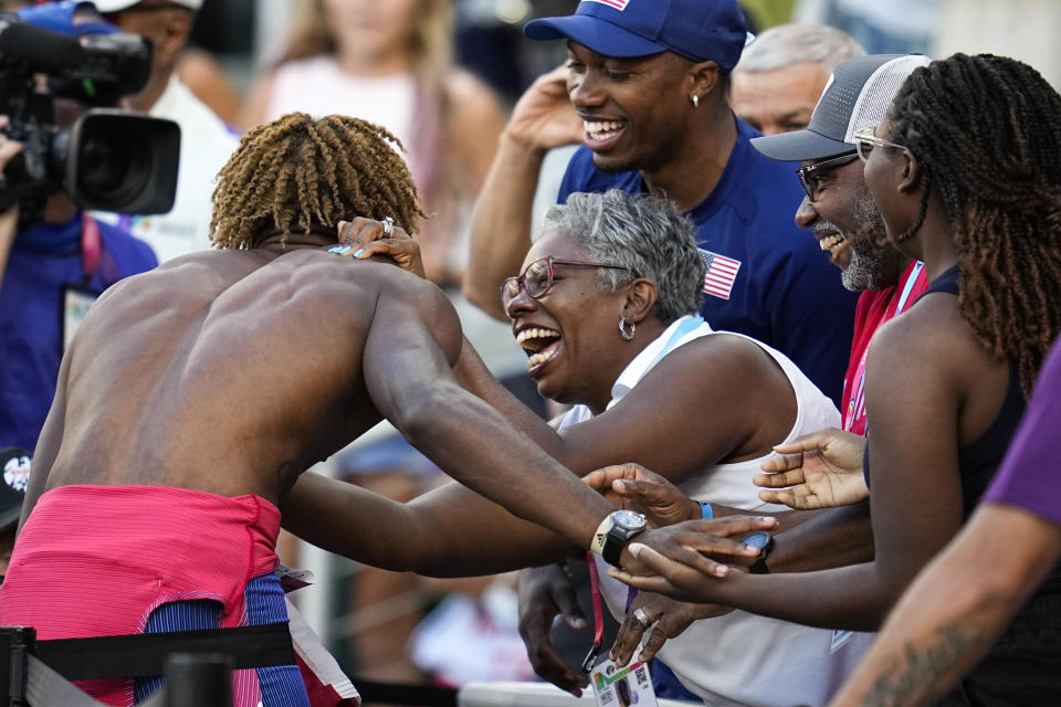 Noah Lyles, of the United States, greets fans after winning a final in the men's 200-meter run at the World Athletics Championships on Thursday, July 21, 2022, in Eugene, Ore. (AP Photo/Ashley Landis)