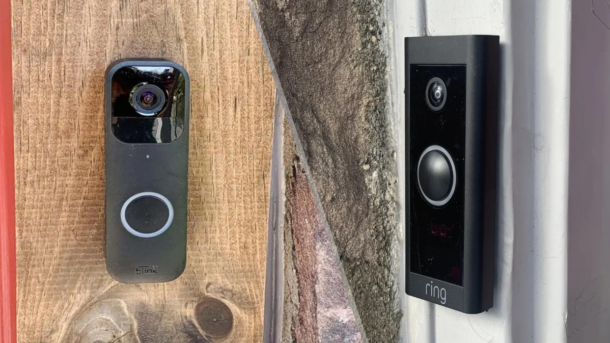  Blink and Ring video doorbells side by side. 