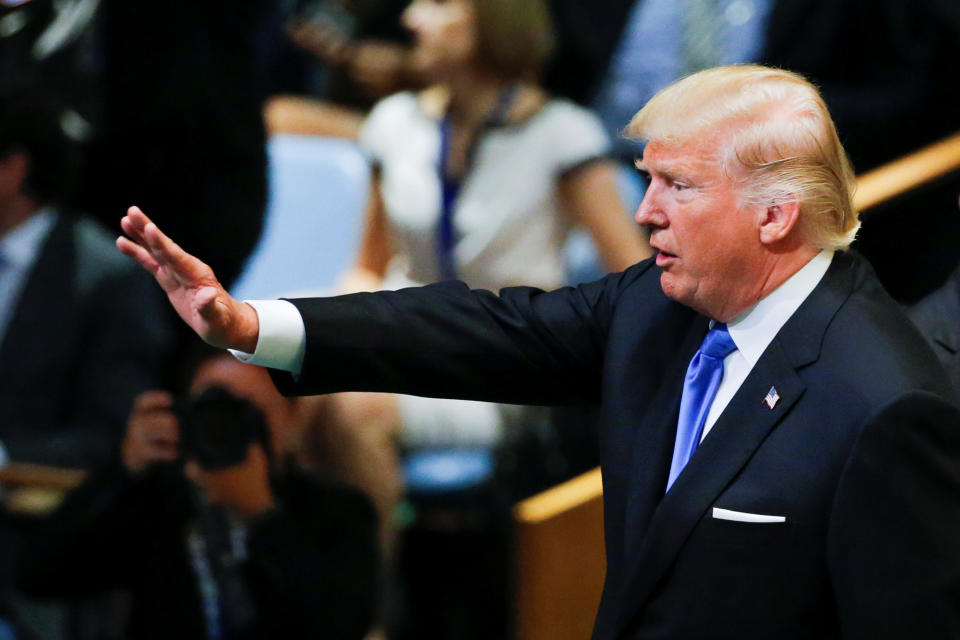 <p>President Trump greets delegates after addressing the 72nd United Nations General Assembly at U.N. headquarters in New York City, Sept. 19, 2017. (Photo: Eduardo Munoz/Reuters) </p>