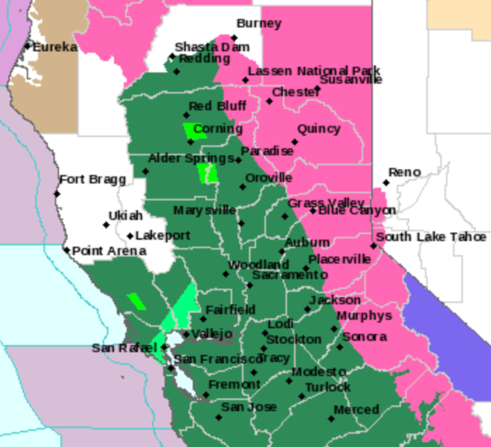 A map of Central California. Flood watches are indicated by dark green, flood advisories are indicated by light green and winter storm warnings are indicated by pink (National Weather Service)