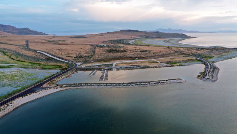 The Antelope Island marina is pictured in the Great Salt Lake on Monday, June 5, 2023. Utah Sen. Mike Lee and Utah Rep. John Curtis unveiled the Great Salt Lake Stewardship Act, which addresses the ecological crisis facing the Great Salt Lake.