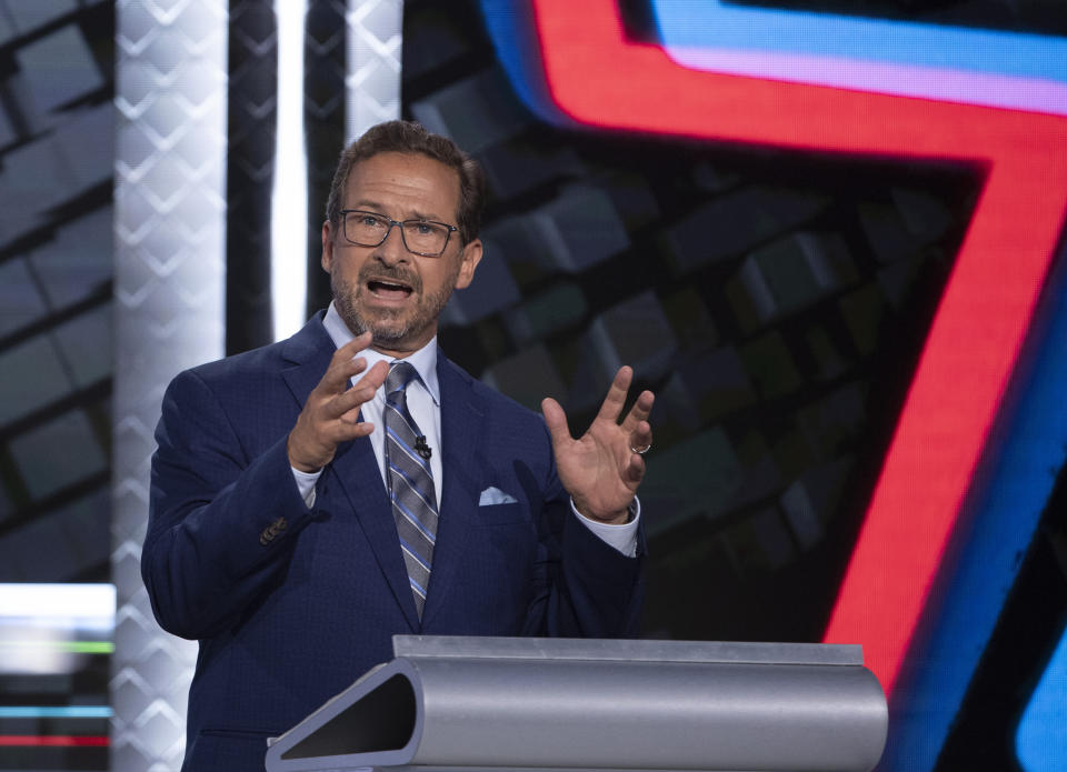 Bloc leader Yves-Francois Blanchet speaks during the federal election French-language leaders debate, Wednesday, Sept. 8, 2021, in Gatineau, Quebec. (Justin Tang/The Canadian Press via AP)