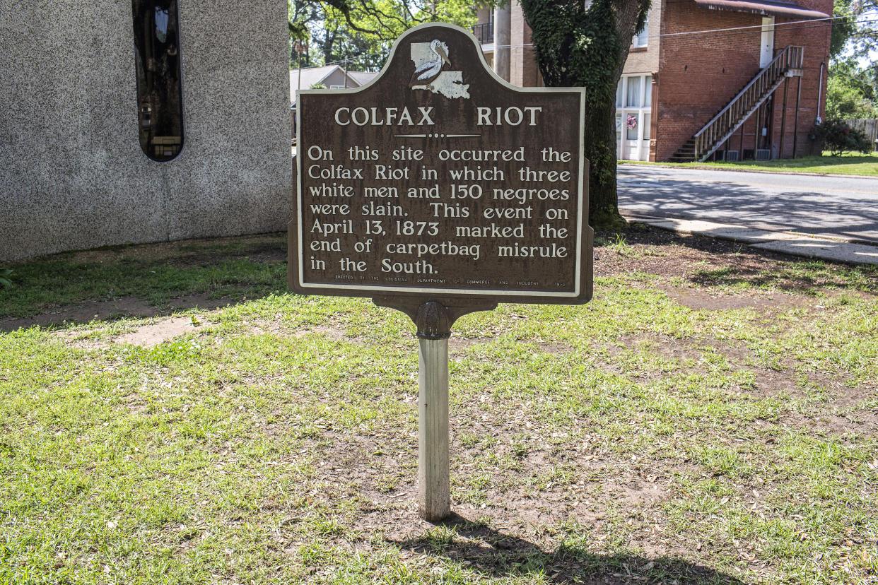 A sign marking the Colfax Riot in Colfax, La., in 2021. (Andrew Lichtenstein / Corbis via Getty Images file)