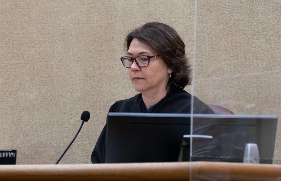 San Luis Obispo Superior Court Judge Jacquelyn Duffy listens to closing arguments in the trial against Stephen Deflaun in San Luis Obispo Superior Court on April 28, 2023.