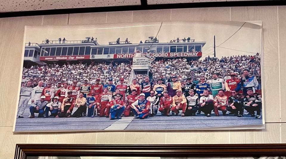 A poster of the photo of all 37 drivers in the final points NASCAR Cup Series race to ever be held at North Wilkesboro Speedway in September 1996. Mike Staley, the son of longtime NWS president, has the poster hanging up in his home.