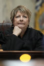 Wisconsin Supreme Court Justice Janet Protasiewicz, who is being targeted for possible impeachment by Republican lawmakers because of donations she received from the Democratic Party and comments she made during her campaign, attends her first hearing as a justice Thursday, Sept. 7, 2023, in Madison, Wis. (AP Photo/Morry Gash)