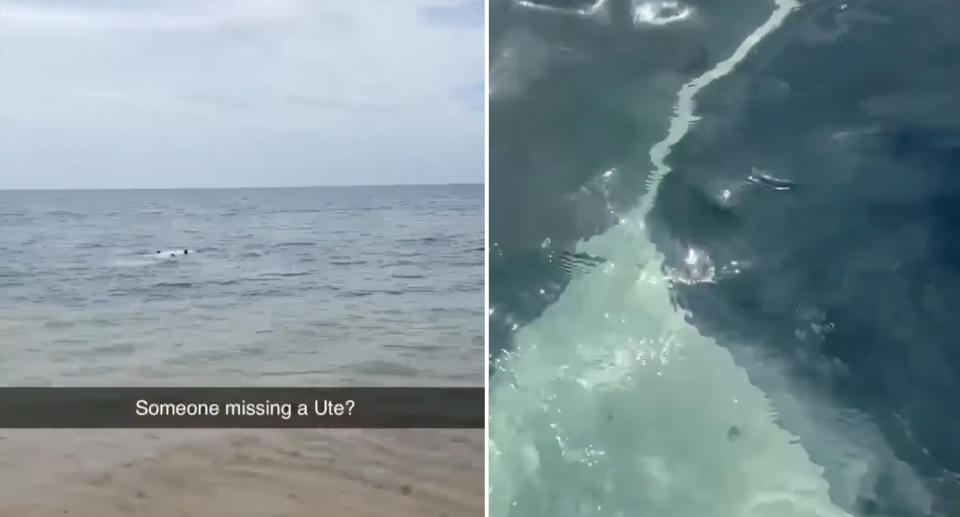 Left: The Toyota Hilux ute is barely visible under the water in Mandurah with the caption 'someone missing a ute?'. Right is the car in the water from a swimmer's view. 