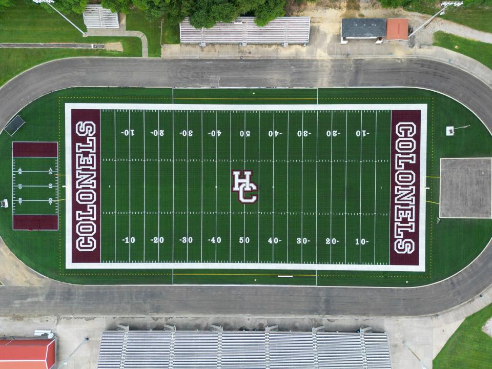 The new turf field installed inside Colonel Stadium at Henderson County High School.