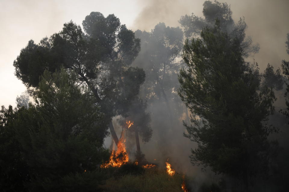 Smoke rises as a wildfire rages near in Kfar Uriya, Thursday, May 23, 2019. Israeli police have ordered the evacuation of several communities in southern and central Israel as wildfires rage amid a major heatwave. (AP Photo/Ariel Schalit)