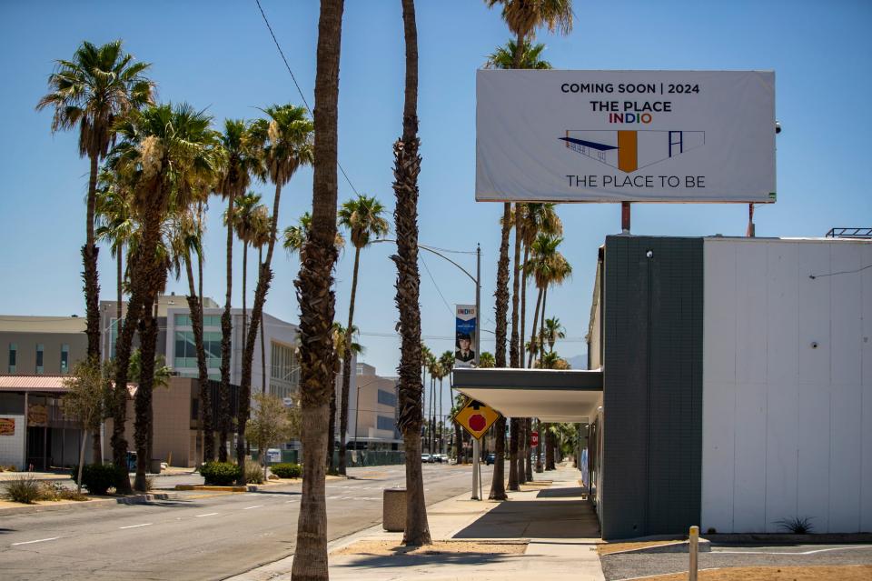 A sign for The Place, a planned market for various vendors in downtown Indio.