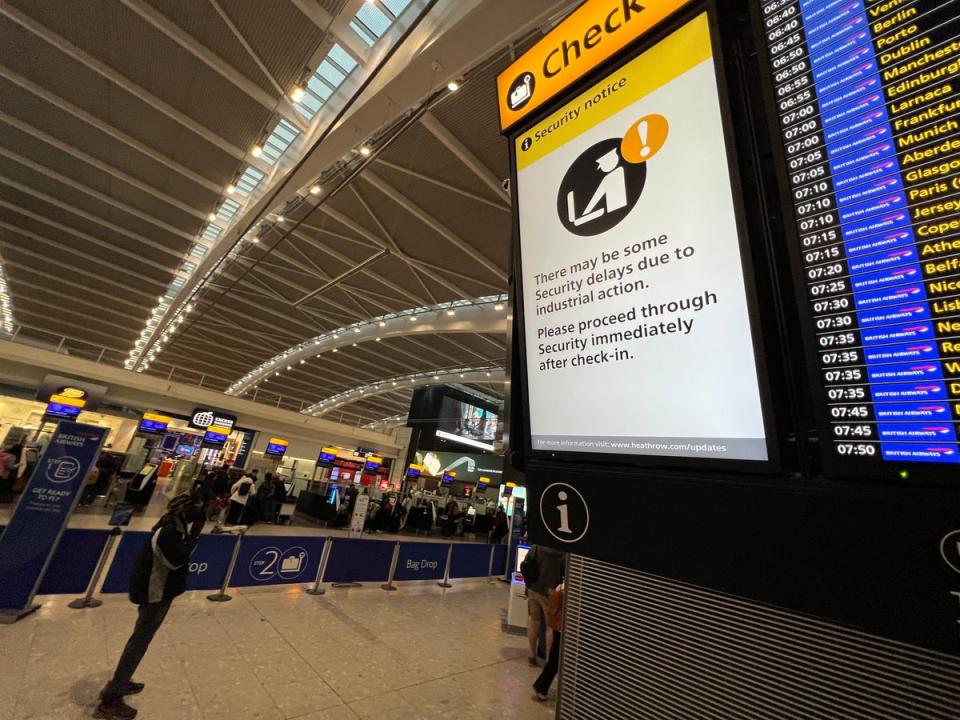 Go slow? Signs at Heathrow airport Terminal 5 warn of possible delays at security during a previous strike  (Simon Calder)