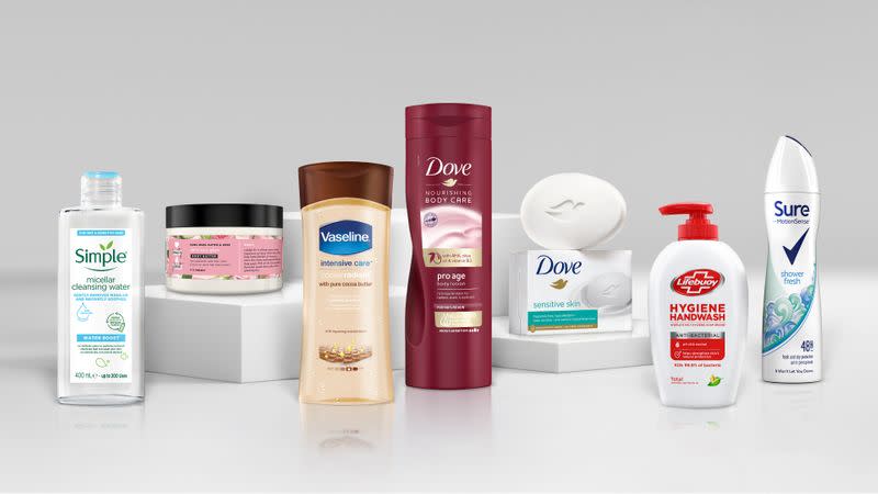 A 2021 handout illustration shows Unilever beauty products without the word 'normal' on its product packaging