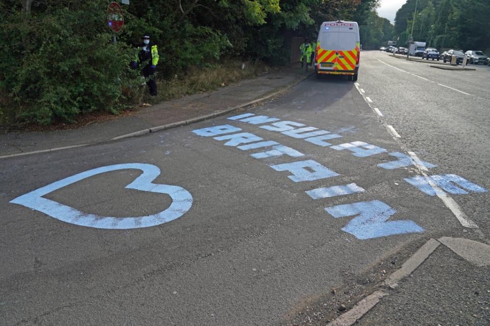 Paint on a slip road at Junction 18 of the M25, near Rickmansworth, where climate protesters carried out a further action after demonstrations which took place last week (Steve Parsons/PA) (PA Wire)