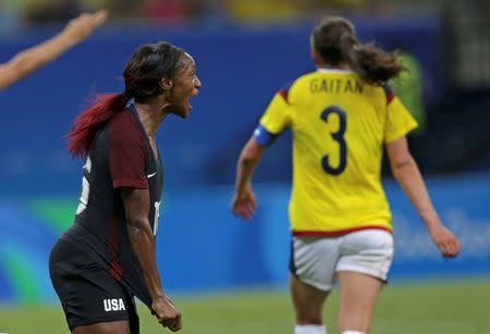 2016 Rio Olympics - Soccer - Preliminary - Women's First Round - Group G Colombia v USA - Amazonia Stadium - Manaus, Brazil - 09/08/2016.Crystal Dunn (USA) of USA celebrates. REUTERS/Bruno Kelly.