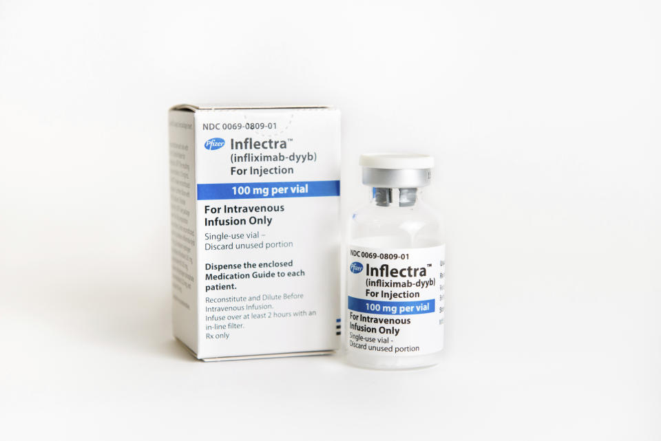 This undated product image provided by Pfizer in March 2019 shows their drug Inflectra, the biosimilar version of the blockbuster immune disorder drug Remicade. (Sara Gomez Dubois/Pfizer via AP)