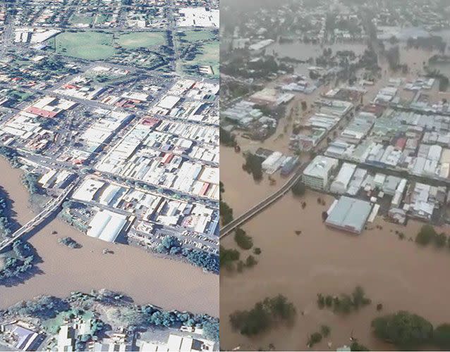 Incredible 'before' and 'now' pictures have emerged following major flooding in Lismore, NSW, after the levee cracked, forcing 20,000 evacuations. Picture: 7 News