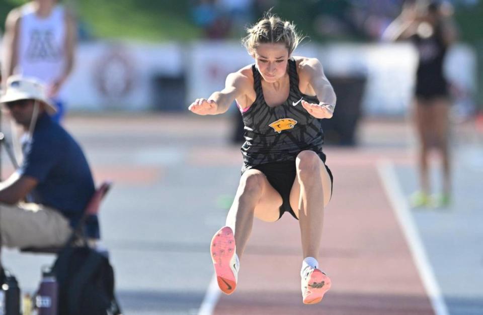 Clovis High’s Sydnie Vanek in the Girls Long Jump at the 2023 CIF California Track & Field State Championship finals Saturday, May 27, 2023 in Clovis.