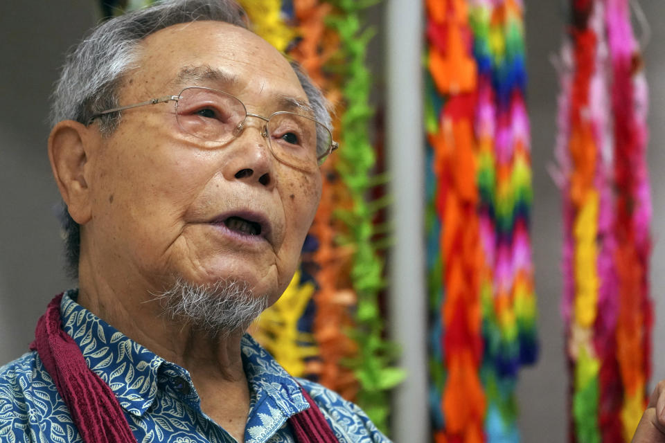 Lee Jong-keun speaks his experience of atomic bombing during an interview with The Associated Press in Hiroshima, western Japan Tuesday, Aug. 4, 2020. For nearly 70 years, until he turned 85, Lee hid his past as an atomic bomb survivor, fearful of the widespread discrimination against blast victims that has long persisted in Japan. But Lee, 92, is now part of a fast-dwindling group of survivors, known as hibakusha, that feels a growing urgency - desperation even - to tell their stories. (AP Photo/Eugene Hoshiko)