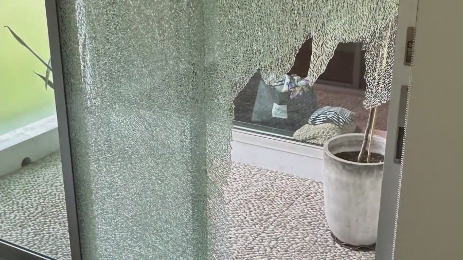 Burglars smashed the glass balcony door of Eddie and Lina's Beverly Grove home on May 2, 2024.