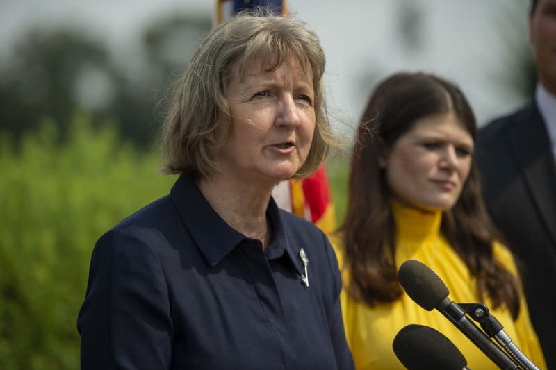 Elizabeth Whelan, the sister of Paul Whelan, joins representatives during a July 29, 2021, news conference calling for the release of her brother Paul, who has been detained in Russian since 2018. File Photo by Bonnie Cash/UPI
