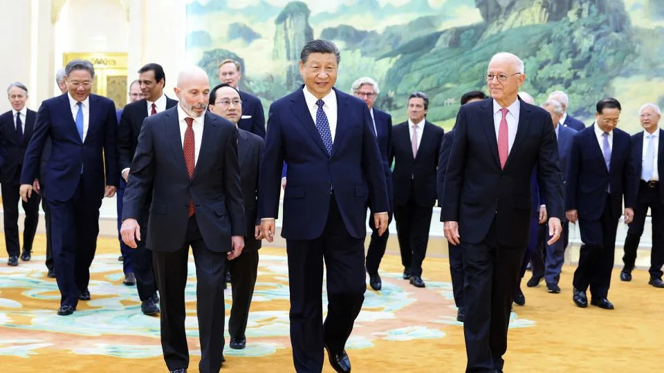 Chinese President Xi Jinping, center, pictured with American CEOs and academics at the Great Hall of the People in Beijing, on March 27, 2024. - Huang Jingwen/Xinhua/AP