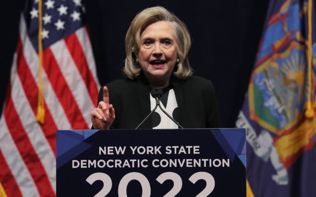 NEW YORK, NEW YORK – FEBRUARY 17:Former Secretary of State Hillary Clinton speaks during the 2022 New York State Democratic Convention at the Sheraton New York Times Square Hotel on February 17, 2022 in New York City. Former Secretary of State Hillary Clinton gave the keynote address during the second day of the NYS Democratic Convention where the party organized the party’s platform and nominated candidates for statewide offices that will be on the ballot this year including the nomination of Gov. Kathy Hochul and her Lt. Gov. Brian Benjamin. (Photo by Michael M. Santiago/Getty Images)