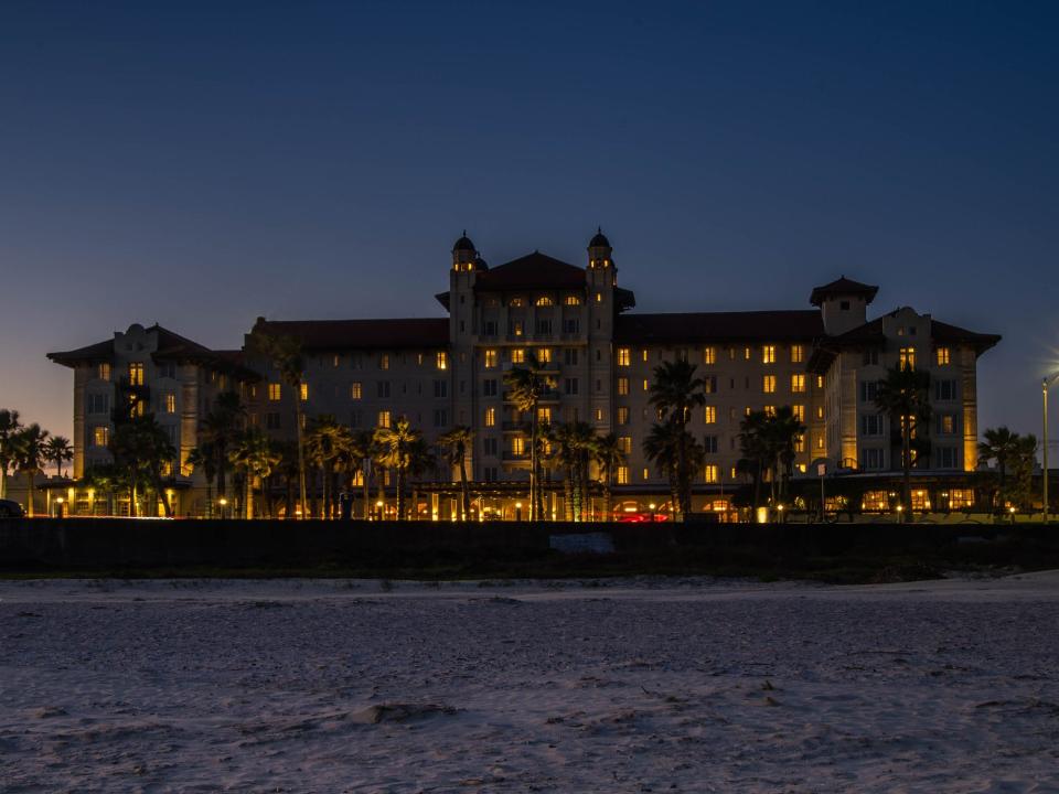 Hotel Galvez seen at night.