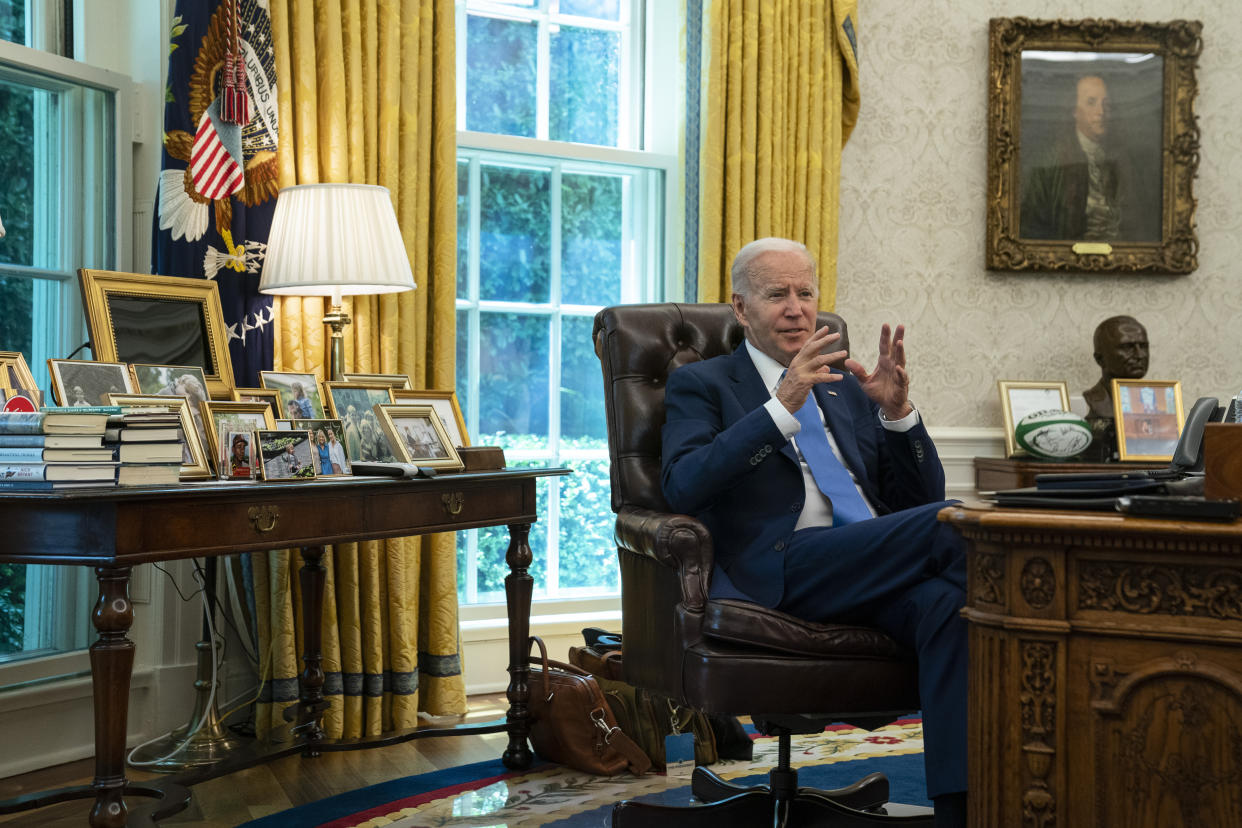 President Biden in the Oval Office during an interview with the Associated Press.