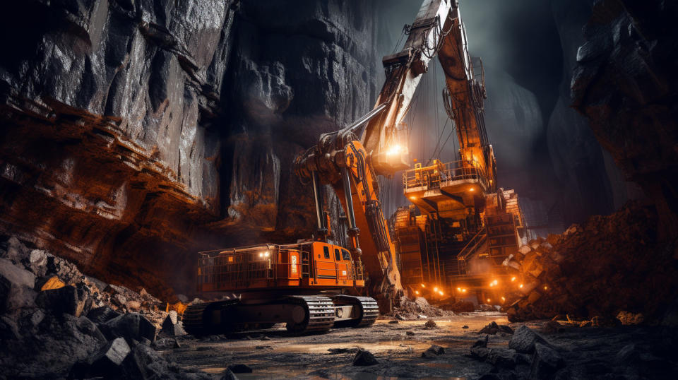 A large drill in operation deep in a mine, surrounded by the machinery of a modern extraction site.