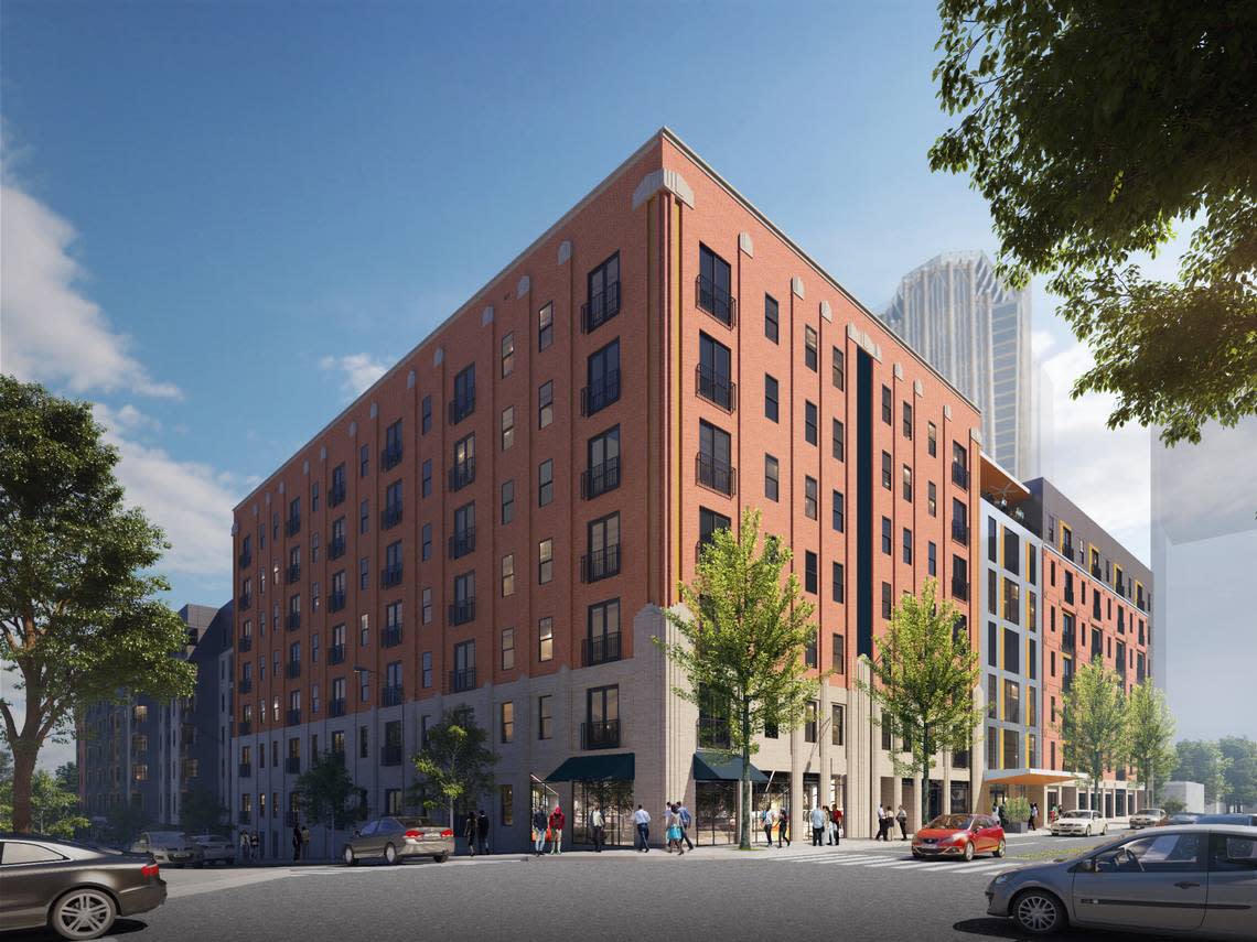 This rendering shows the North Tryong Street view of a 353-unit apartment building planned to open at 8th Street in uptown Charlotte, NC, in 2024 under a partnership between nonprofit Inlivian and developer Urban Atlantic.