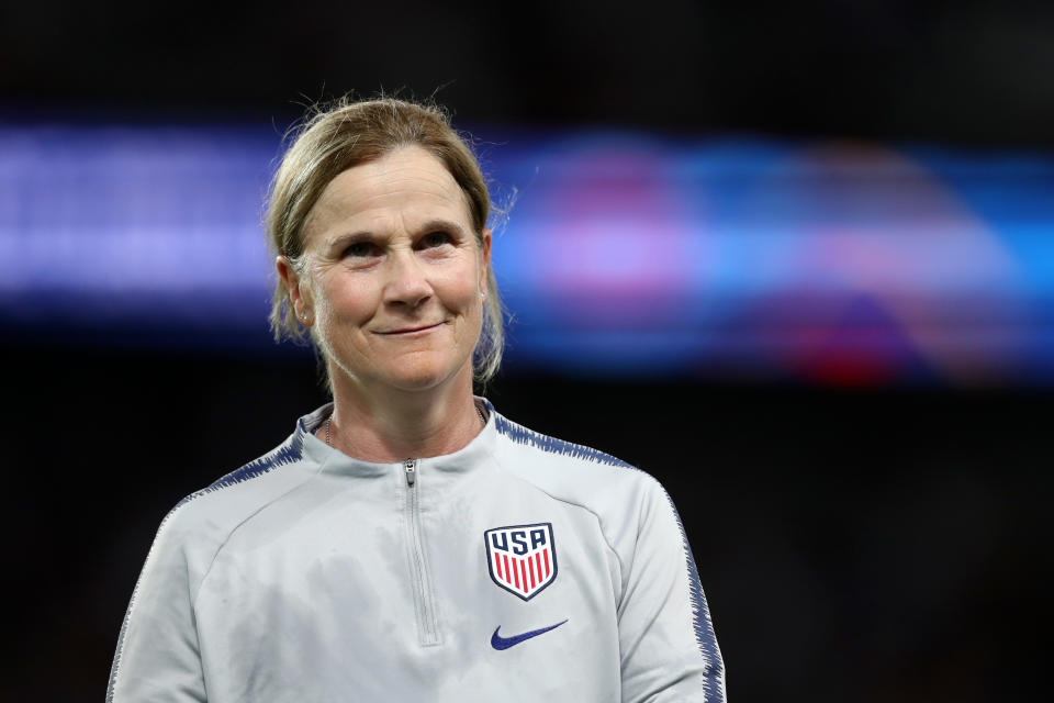 PARIS, FRANCE - JUNE 28:  Jill Ellis, Head Coach of USA looks on in victory after during the 2019 FIFA Women's World Cup France Quarter Final match between France and USA at Parc des Princes on June 28, 2019 in Paris, France. (Photo by Naomi Baker - FIFA/FIFA via Getty Images)