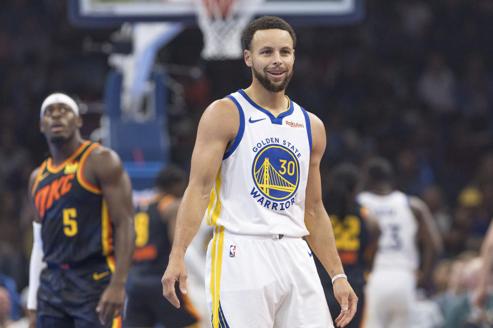 Nov 3, 2023; Oklahoma City, Oklahoma, USA; Golden State Warriors guard Stephen Curry (30) smiles after a play against the Oklahoma City Thunder during the first quarter at Paycom Center. Mandatory Credit: Alonzo Adams-USA TODAY Sports