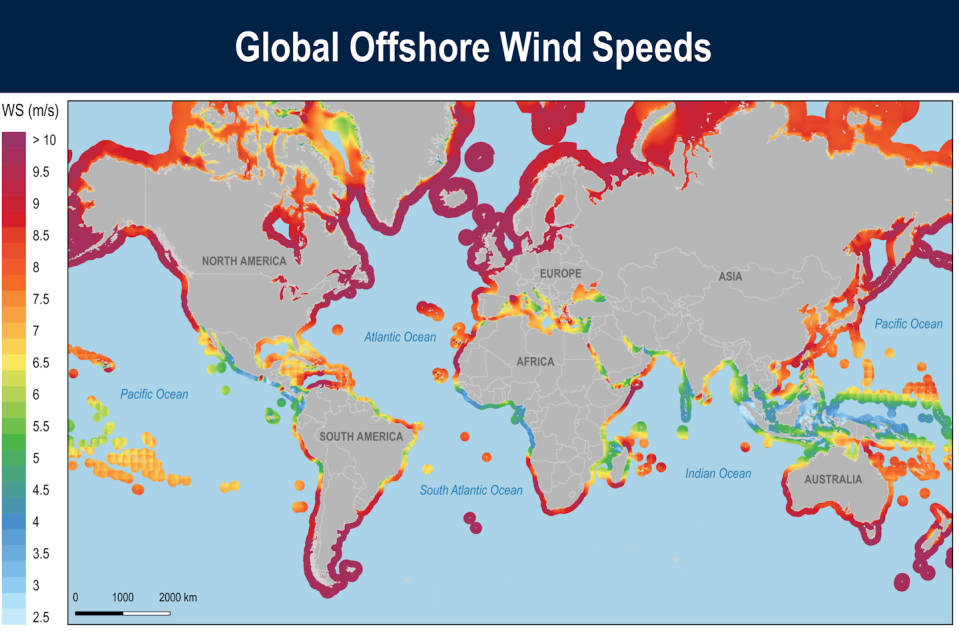 The map shows the regions with the greatest potential for offshore wind energy, including areas around the United States and Northern Europe.