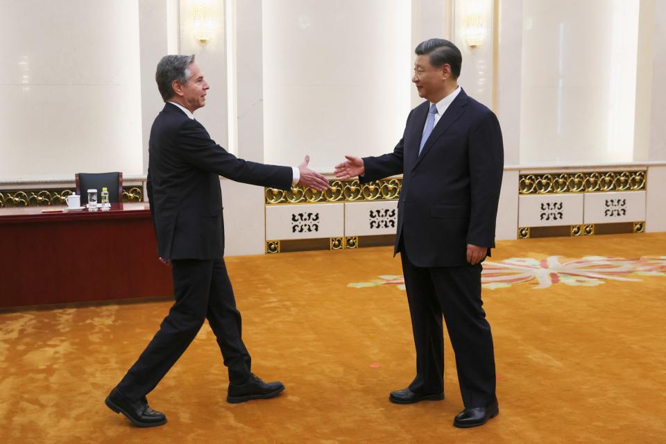 Secretary of State Antony Blinken meets with Chinese President Xi Jinping in the Great Hall of the People in Beijing, China, Monday, June 19, 2023. China on Wednesday, June 21, called comments by U.S. President Joe Biden referring to Chinese leader Xi Jinping as a dictator “extremely absurd and irresponsible.”