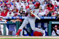 St. Louis Cardinals' Brendan Donovan hits a single during the first inning of a baseball game against the Philadelphia Phillies, Sunday, July 3, 2022, in Philadelphia. (AP Photo/Laurence Kesterson)