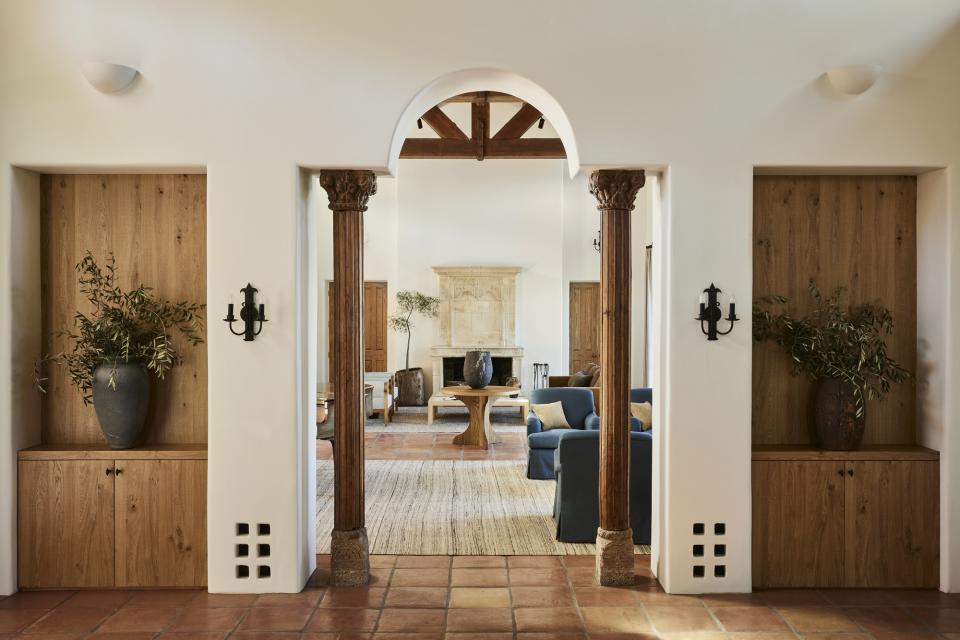 A living room with wooden features