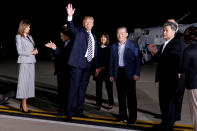 <p>President Donald Trump waves after speaking to the media as he meets the three Americans released from detention in North Korea upon their arrival at Joint Base Andrews, Md., May 10, 2018. (Photo: Jonathan Ernst/Reuters) </p>