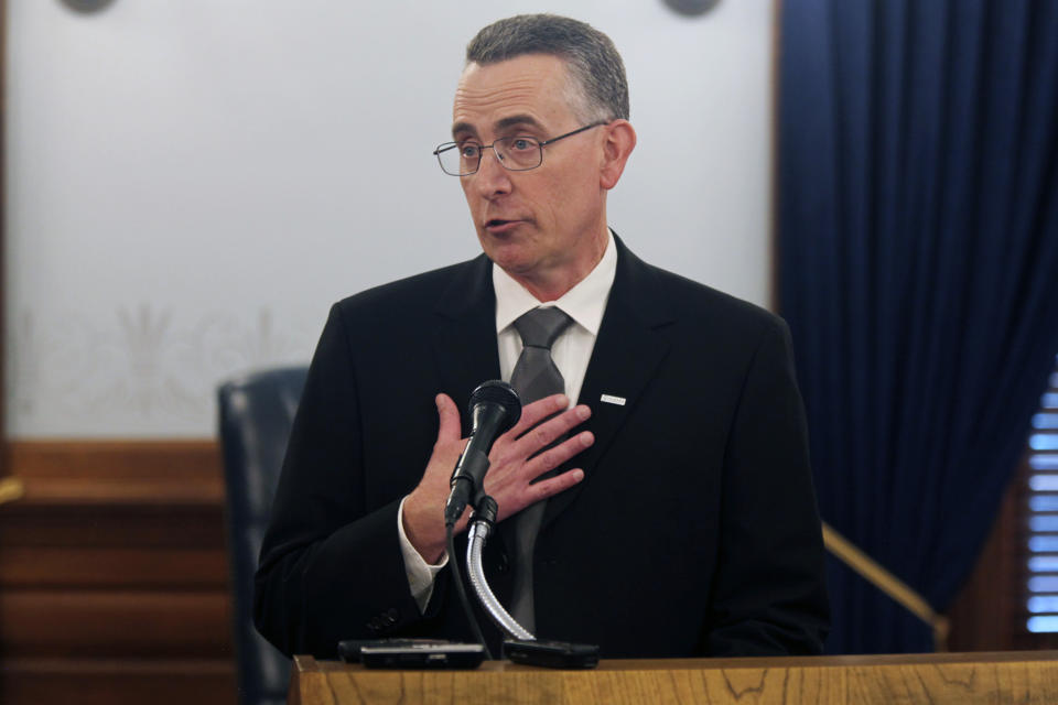 Brett Robinson, the CEO of Integra Technologies, of Wichita, Kan., discusses the company's plans to build a new, $1.8 billion semiconductor plant, during a news conference, Thursday, Feb. 2, 2023, at the Statehouse in Topeka, Kansas. The state is pledging $304 million in incentives over 10 years, but the company also needs federal funding to go forward. (AP Photo/John Hanna)