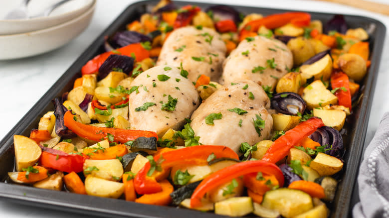 Roasted chicken and veg on sheet pan