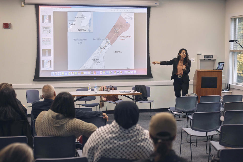 Attendees listen as Noura Erakat, Associate Professor, Africana & Criminal Justice, Rutgers University speaks during "Teach-In On Gaza" lecture organized by The Center for Middle Eastern Studies and The Sawyer Seminar "Afterlives of Liberation" at Rutgers University on Friday, Oct. 27, 2023, in New Brunswick, N.J.For many of the university chaplains and faith leaders caring for students angered and shaken by the Israel-Hamas war, the needs are acute, the days intense. The bloodshed has roiled campuses in the United States, sparking rival rallies and competing demands.(AP Photo/Andres Kudacki)