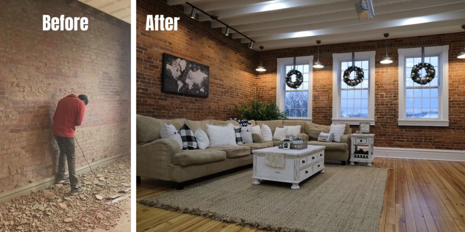 Before and after pictures of the living room. The 'After' picture has a big sofa and modern decorations like a world map on the wall and Christmas wreaths on the windows.