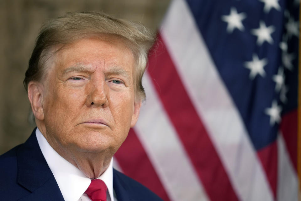 Republican presidential candidate former President Donald Trump listens to a question as he speaks at his Mar-a-Lago estate Thursday, Feb. 8, 2024, in Palm Beach, Fla. (AP Photo/Rebecca Blackwelli)