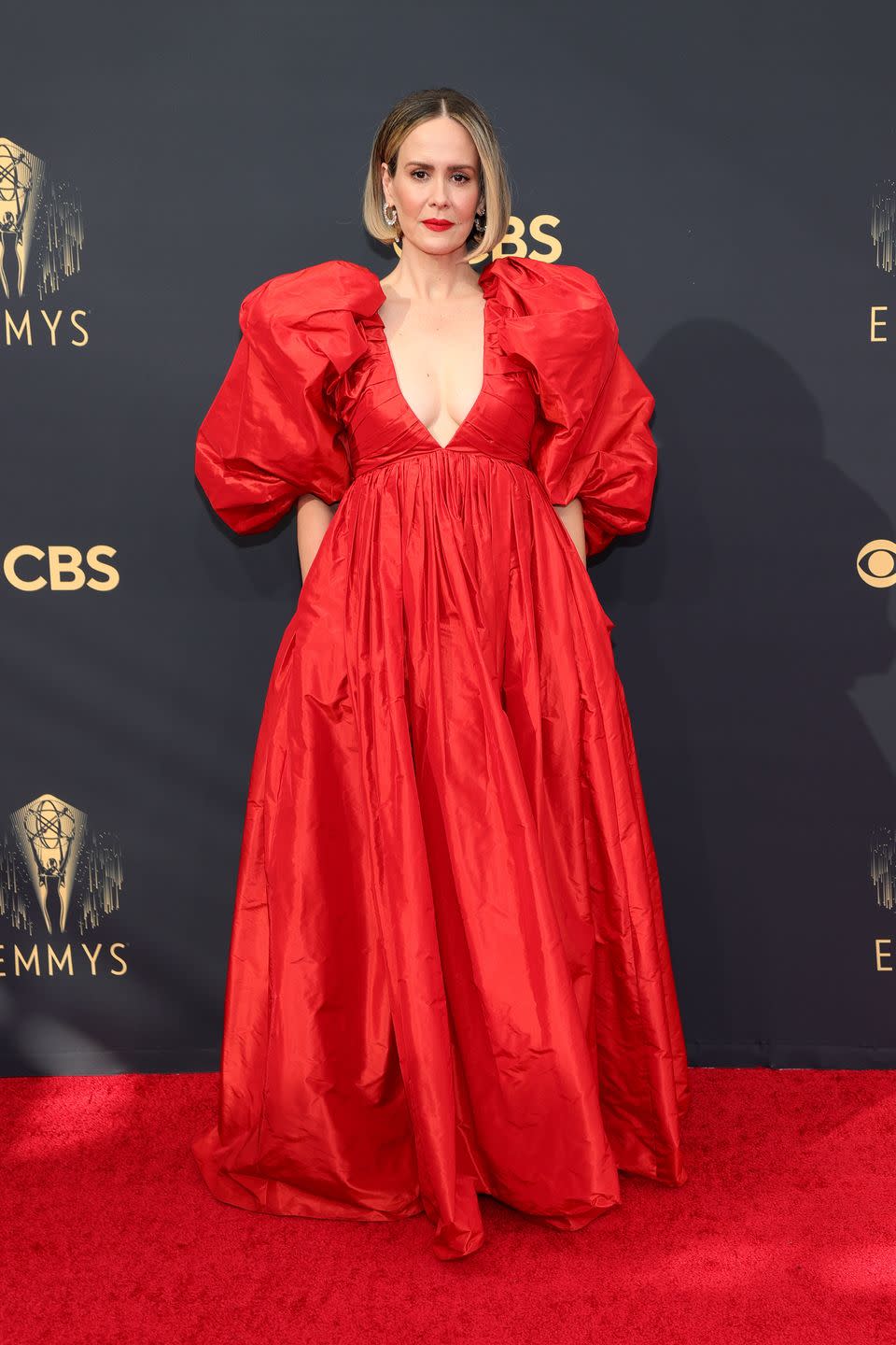 <p><strong>What:</strong> Carolina Herrera</p><p><strong>Why: </strong>We love a little drama and Paulson brings it in a bold sleeve, full skirt, plunging neck, deep red taffeta gown straight off the recent Herrera runway by Wes Gordon.</p>