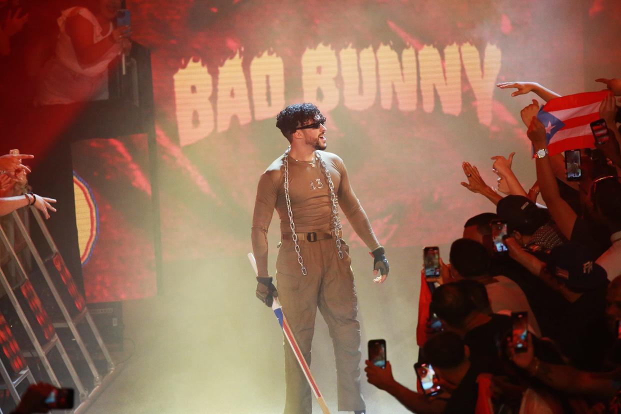 Bad Bunny enters the ring during the WWE Backlash at Coliseo de Puerto Rico José Miguel Agrelot on May 06, 2023 in San Juan, Puerto Rico.